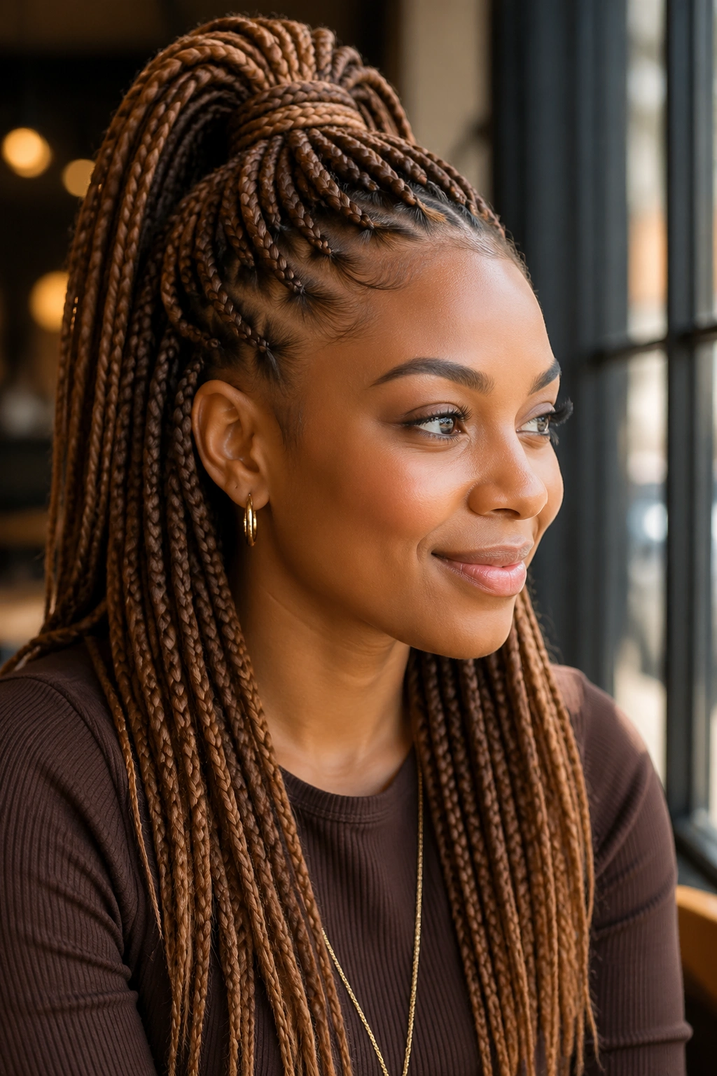 Real woman with toffee brown box braids in a half-up pony.