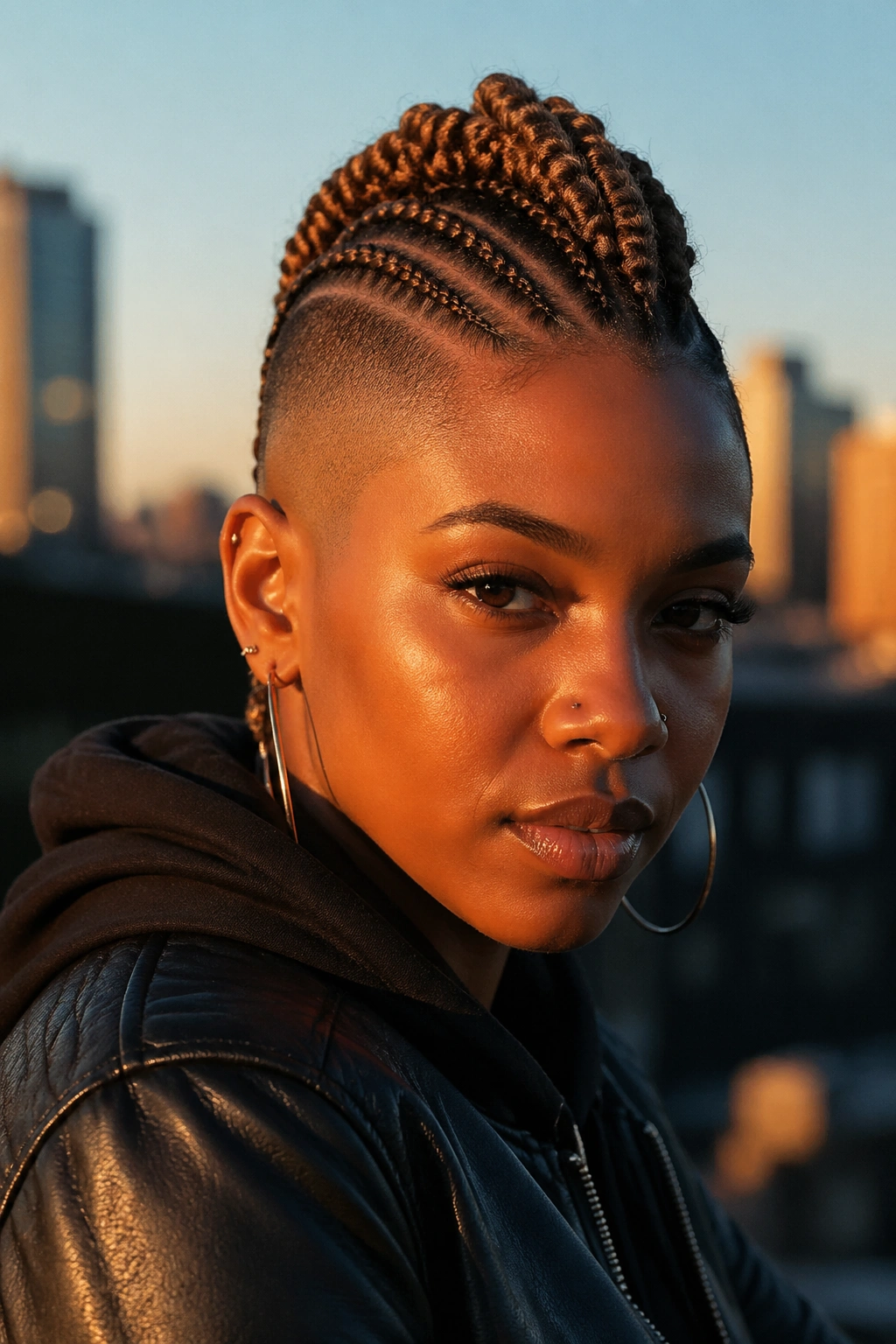 Close-up of a real person with toffee brown cornrow mohawk outdoors at golden hour