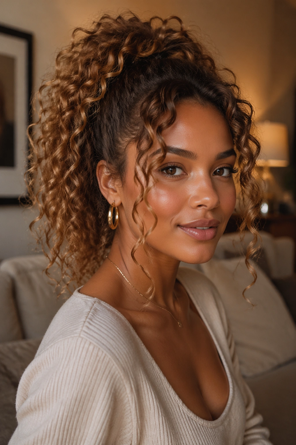 Real woman with toffee curly ponytail and face-framing pieces in a cozy living room