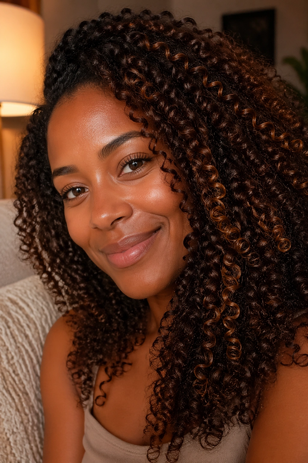 Real person with subtle toffee highlights on natural hair