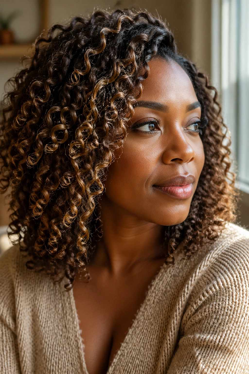 Close-up of curly hair with warm caramel and cool ash highlights