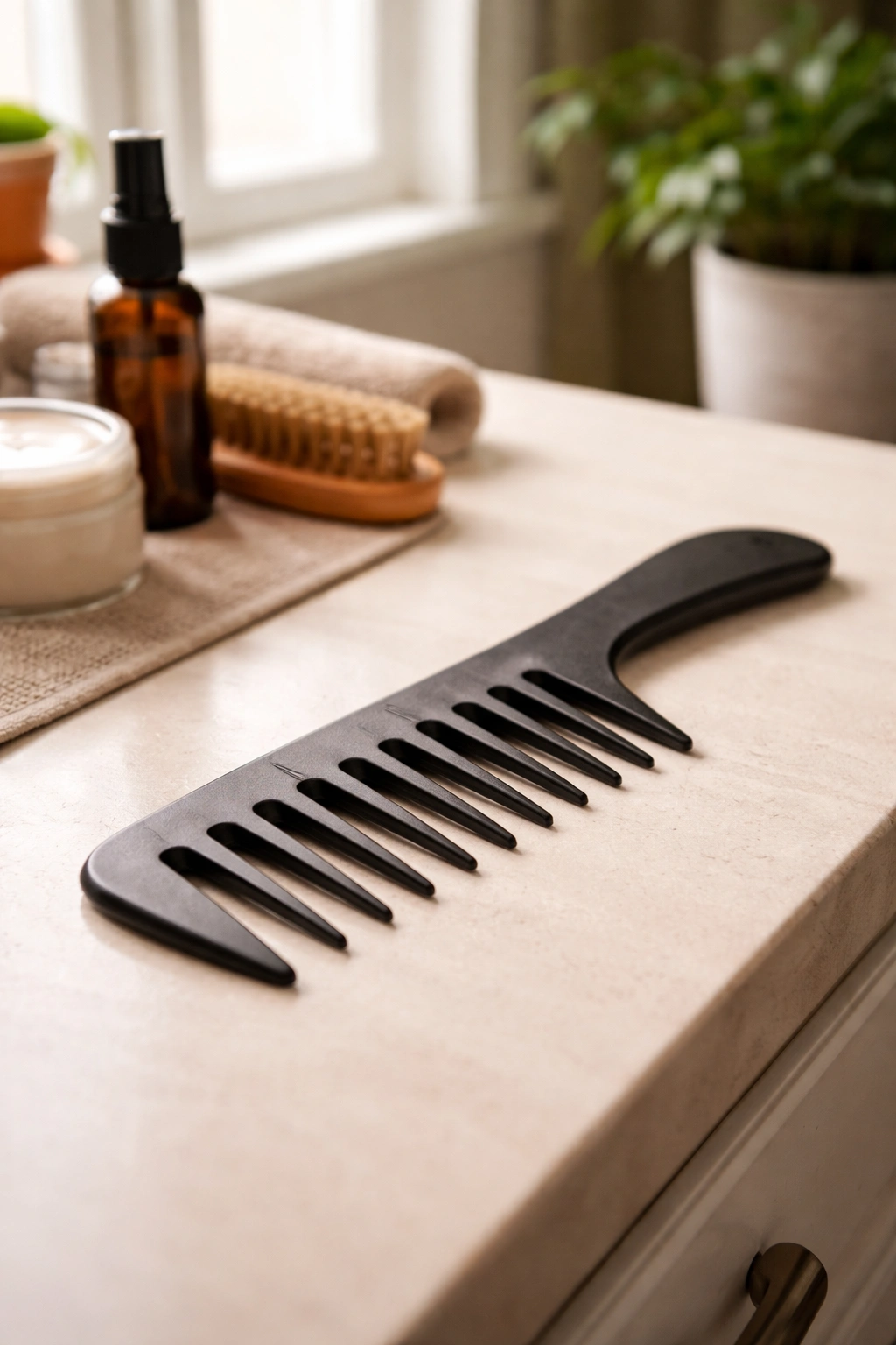 Close-up of wide-tooth comb ready for cornrow prep