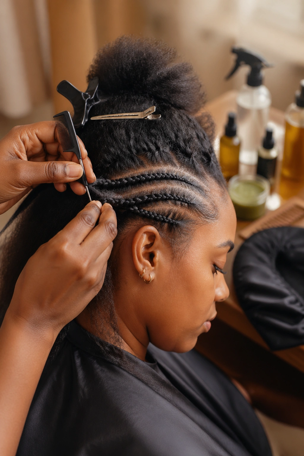 Close-up of a real person with cornrows in progress, hands guiding with a rat-tail comb.