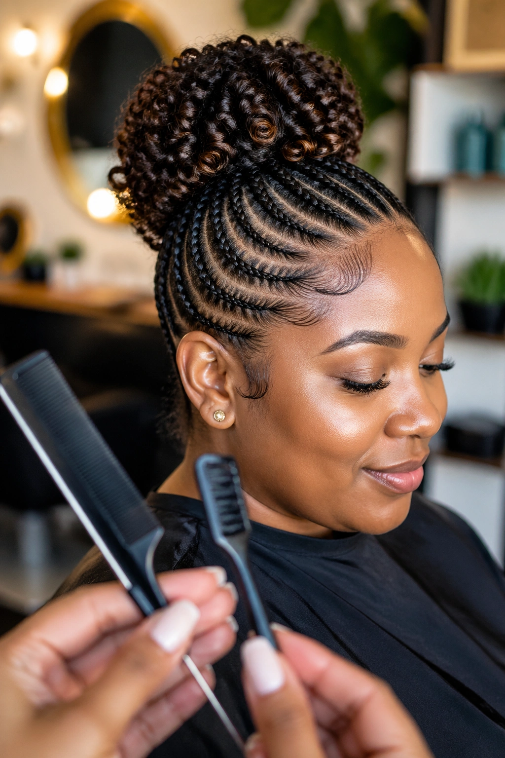Real woman with cornrow bun and blurred styling tools in the foreground
