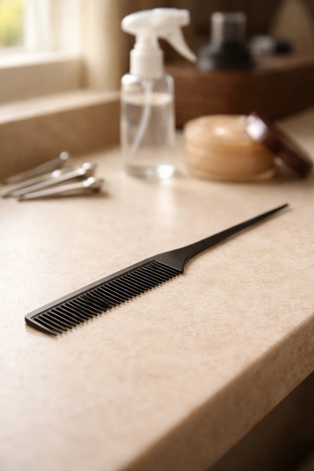Close-up of a rat-tail comb on a clean surface for flat twists