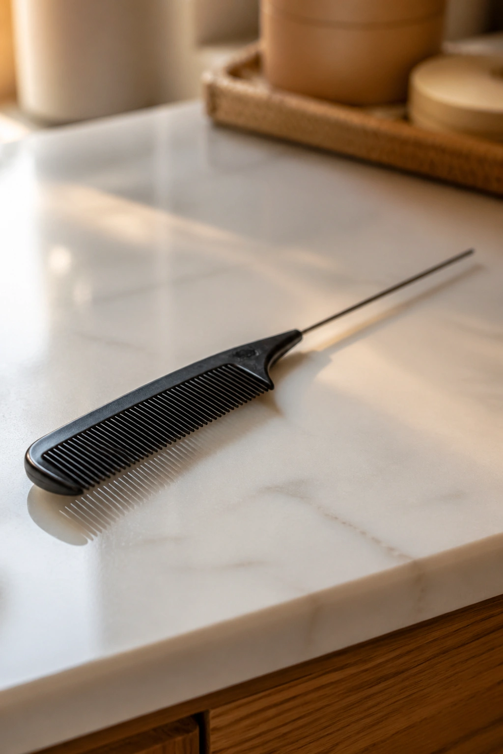 Close-up of a rat-tail comb on a clean surface with soft light