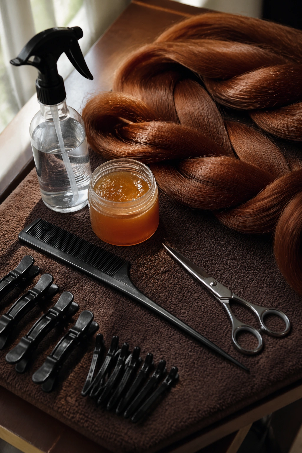 Top-down view of cornrow toolkit with auburn kanekalon colors