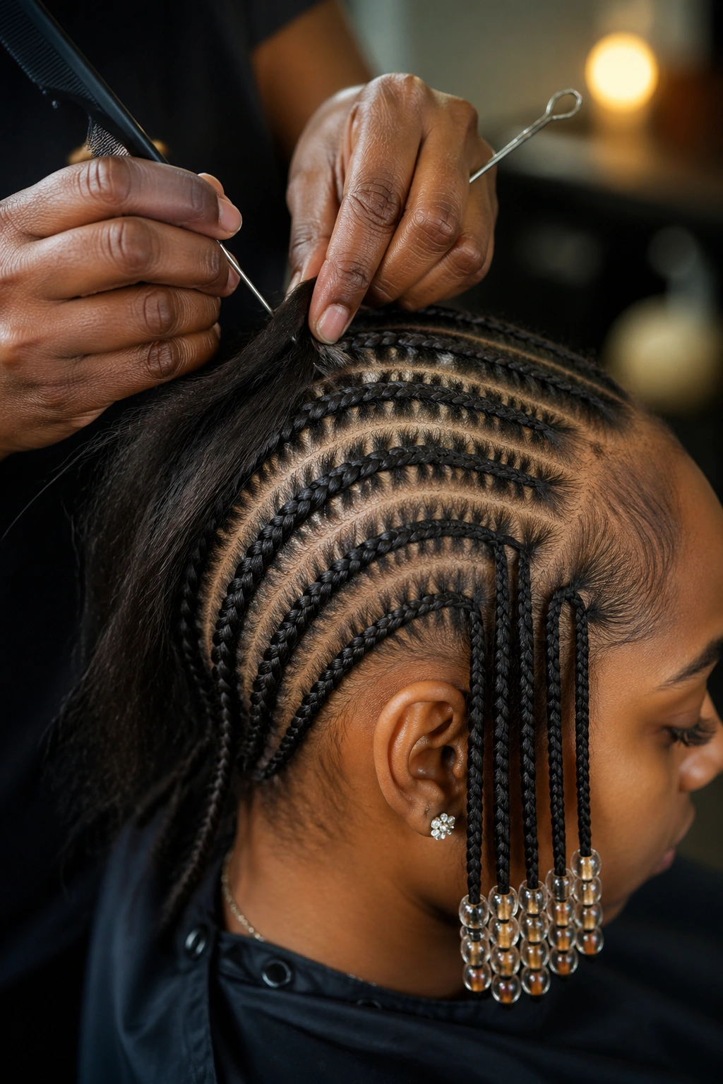 Close-up of hands braiding a real person's hair with tools in use in a salon