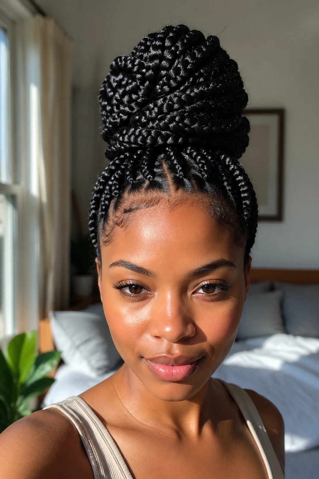 Close-up of jumbo box braids twisted into a high top bun on a real person