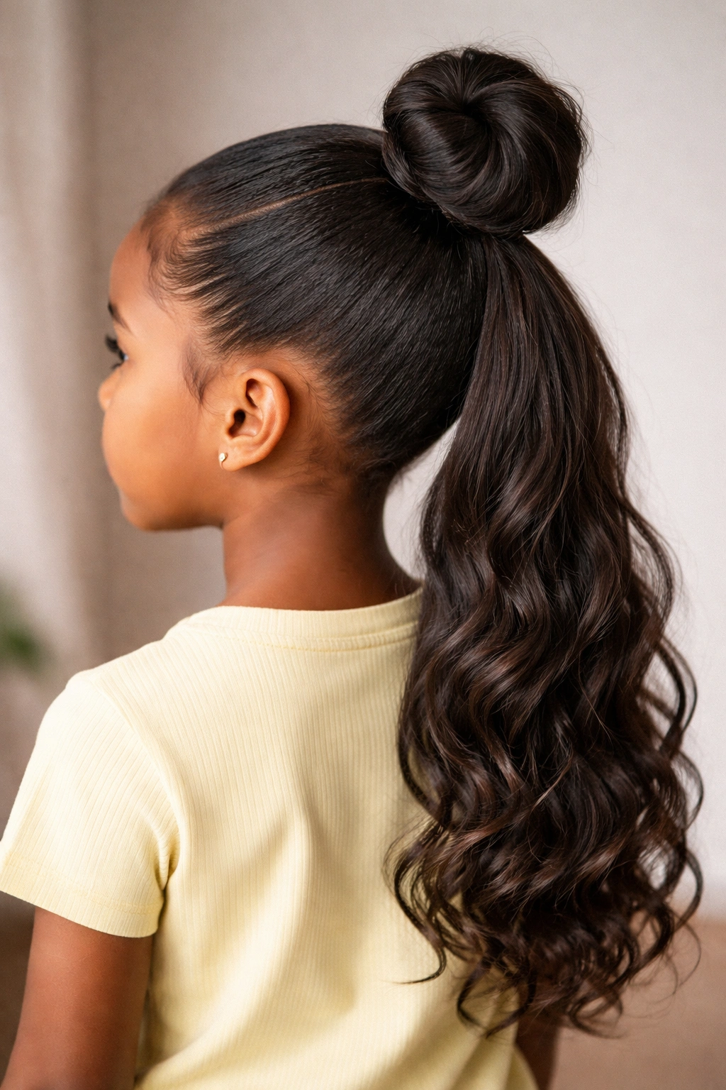 Close-up of a child's top bun with a hanging ponytail and clean parting