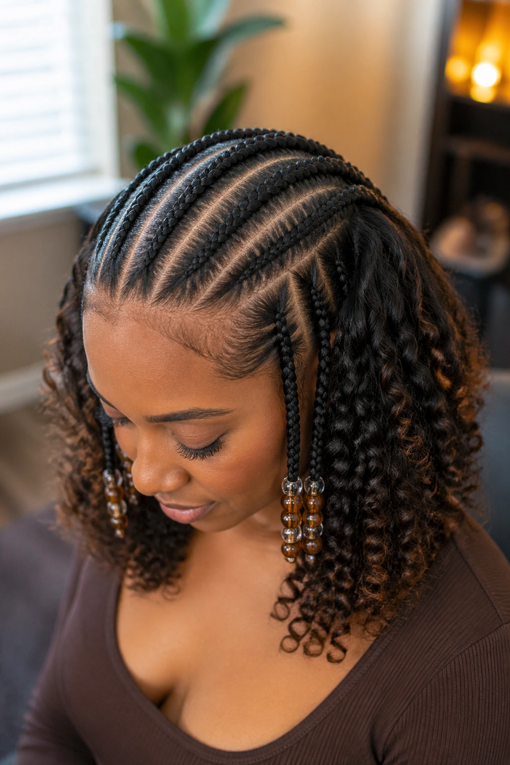 Close-up of top cornrow section with loose curls on a real person