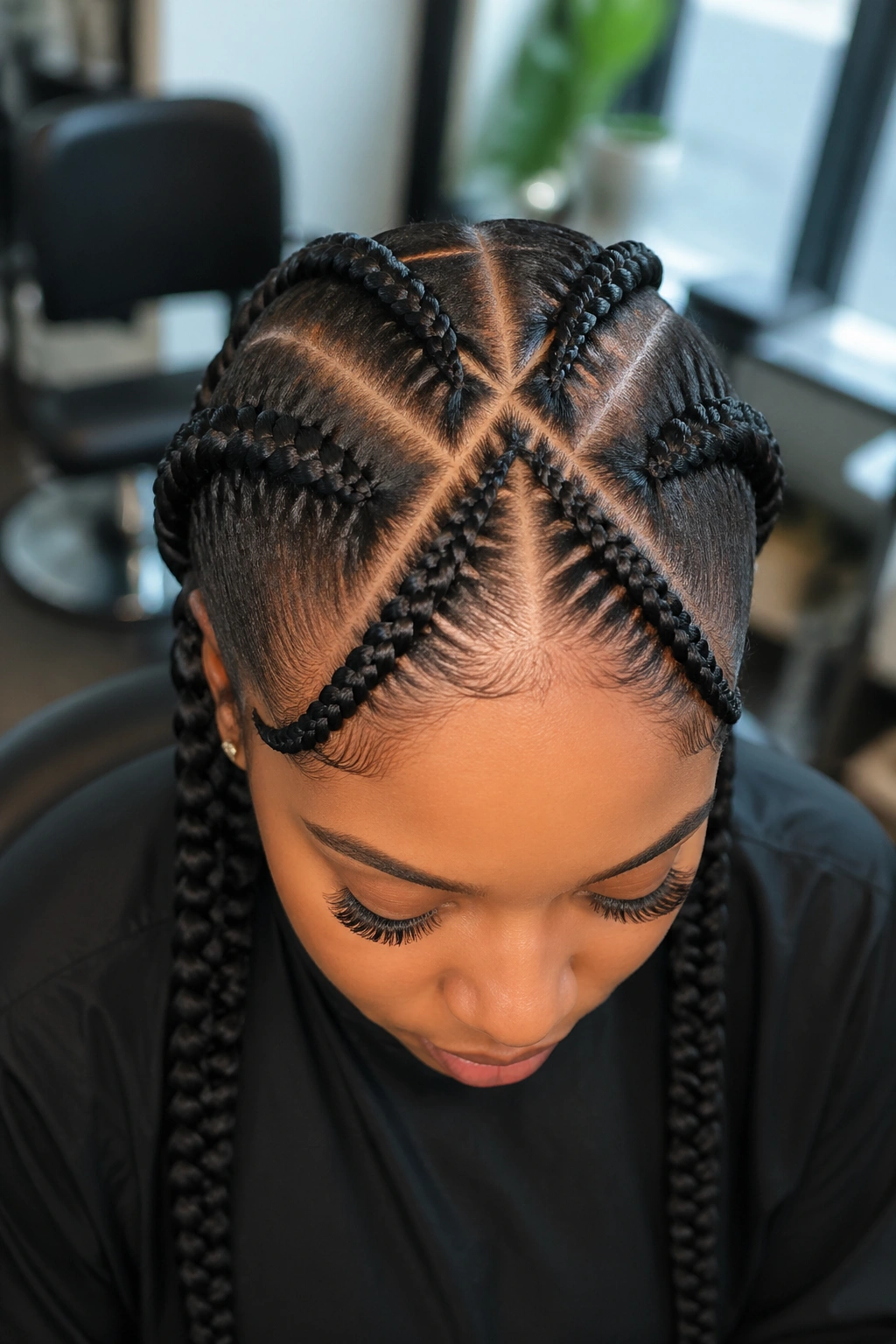 Close-up of a real woman with Top Crown Criss Cross cornrows radiating from the crown