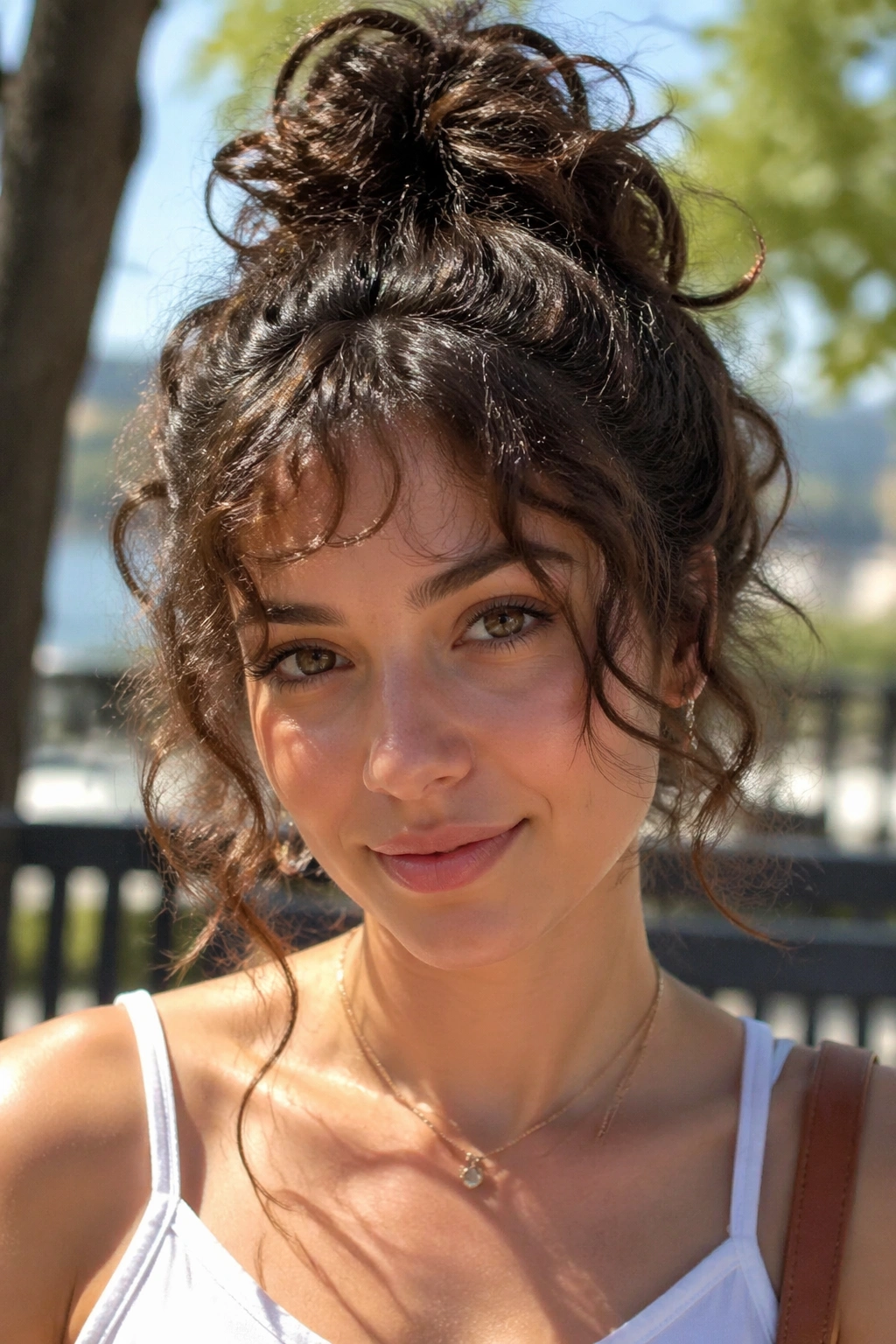 Real person with a messy top knot and face-framing bangs in sunlight