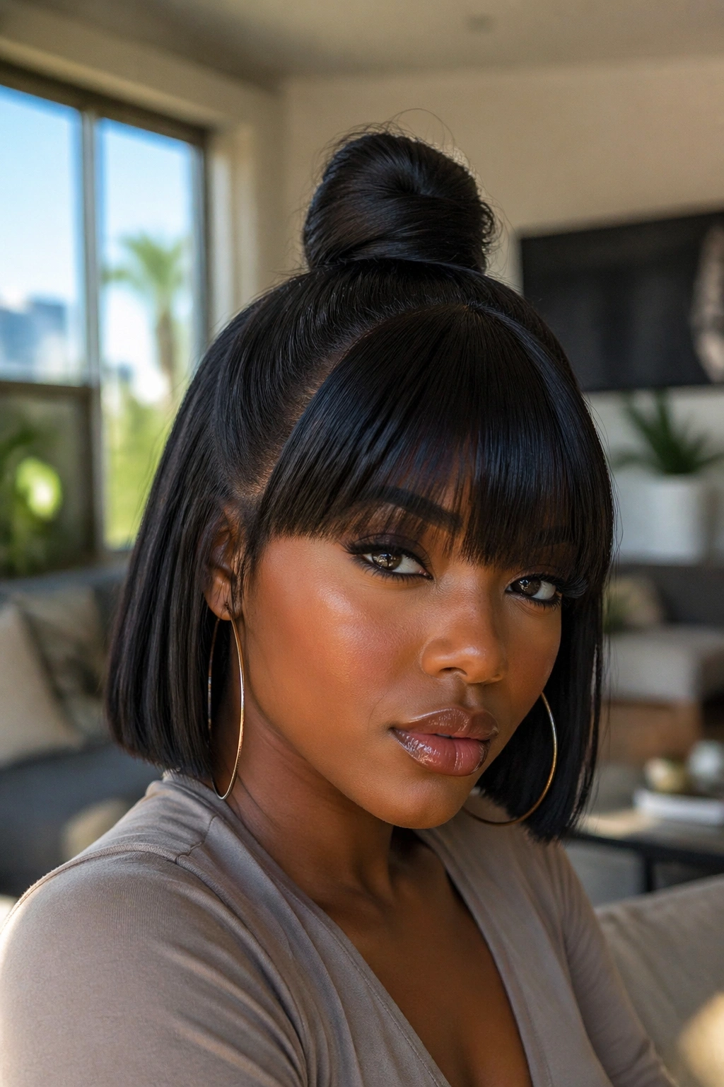 Close-up of a Black woman with a sleek half-up knot and blunt bangs on a bob