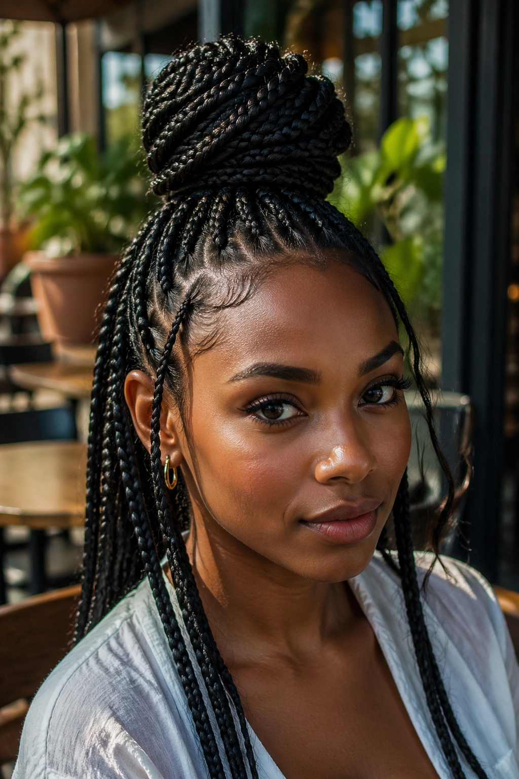 Close-up of a real woman with a top-knot box braid hairstyle in a sunny urban setting.