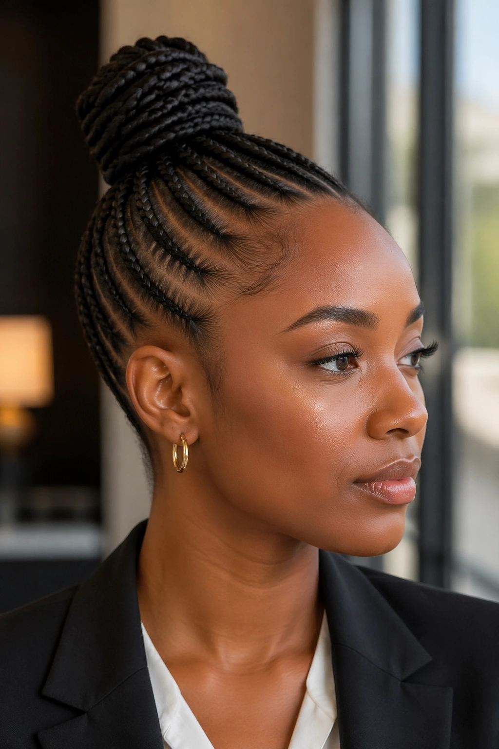 Close-up of cornrows leading to a top knot bun on a real woman in a professional setting