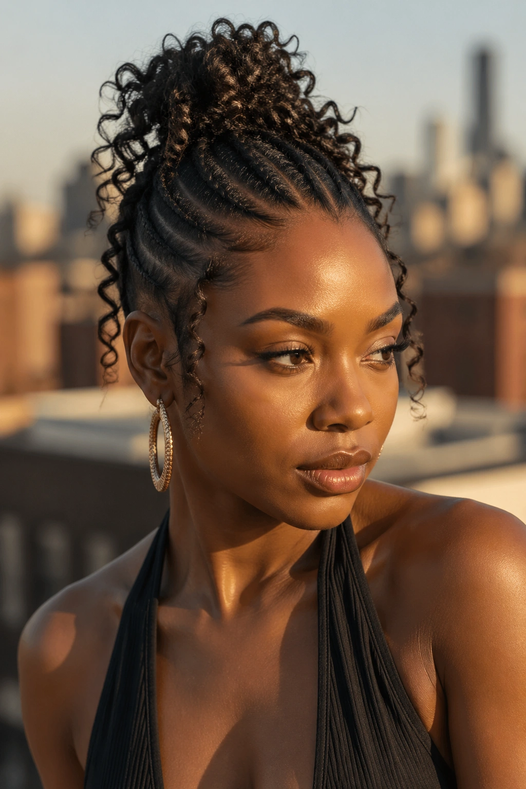 Close-up of a real woman with a top knot bun formed by tight cornrows and coily curls
