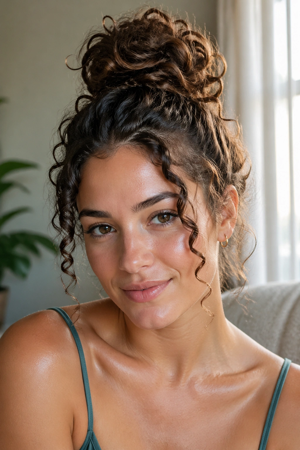 Close-up of a real person wearing a messy top knot with face-framing curls
