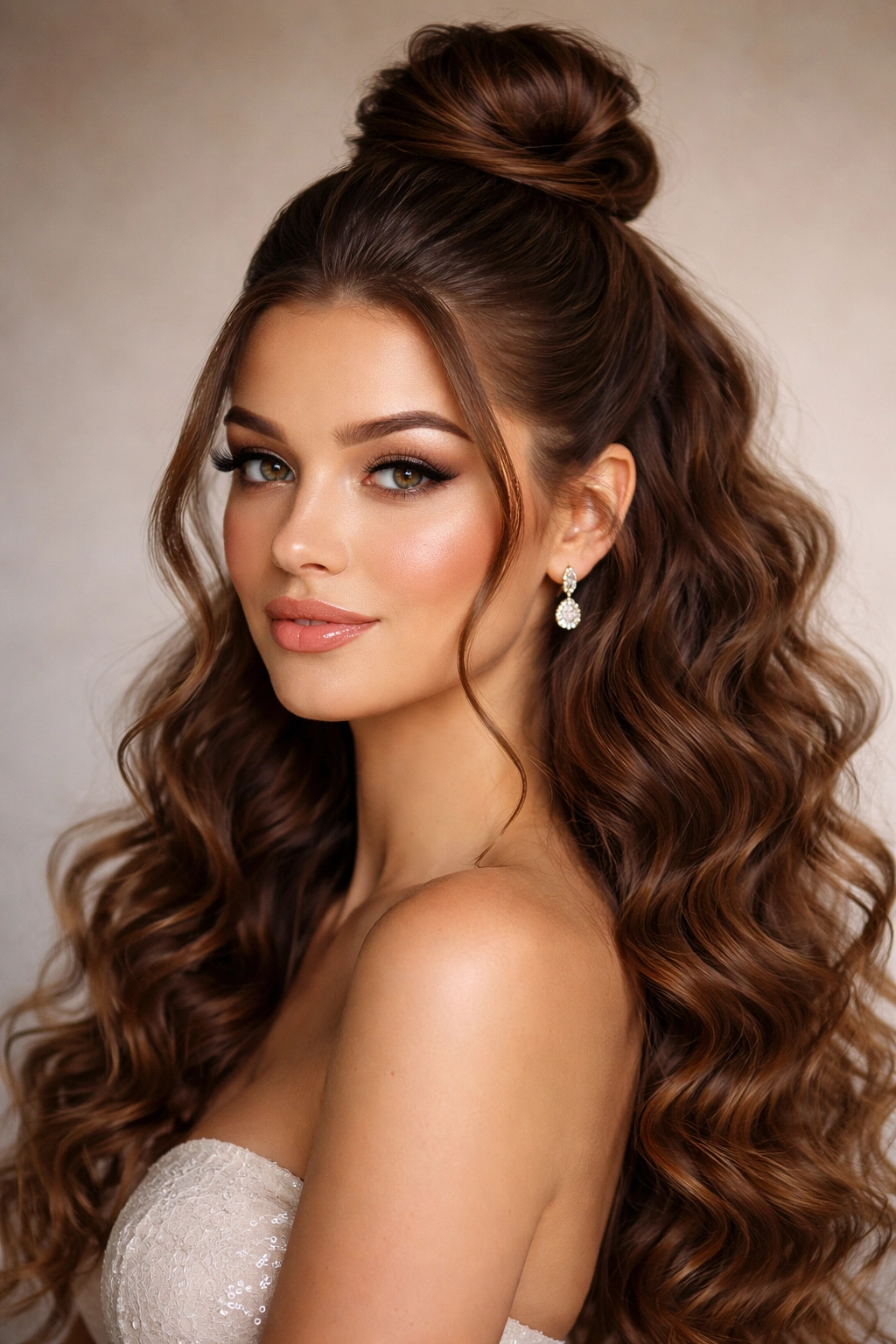 Sleek top knot with flowing curls showing contrast between smooth crown and voluminous curls