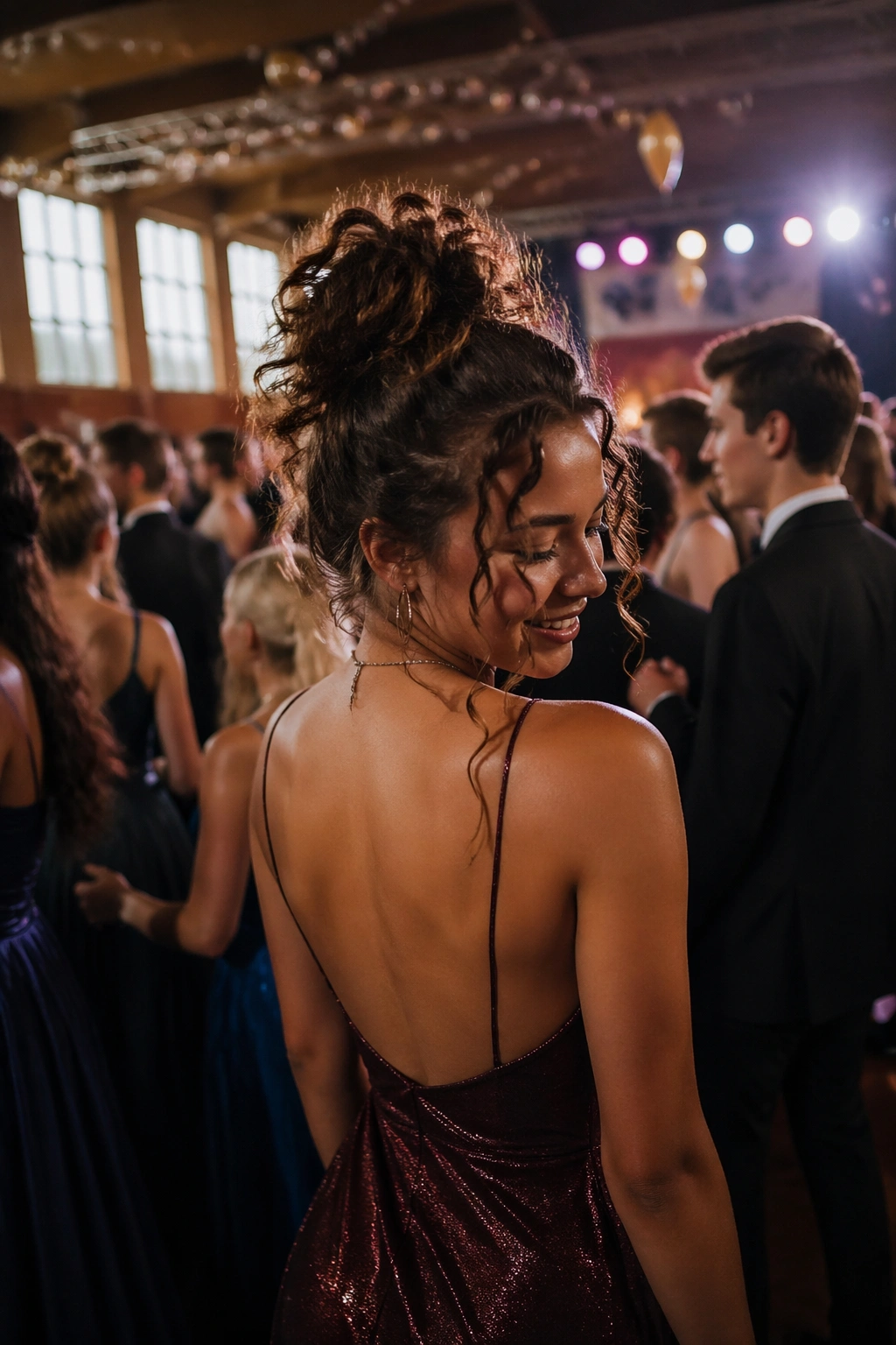 Messy curly top knot in a crowded prom setting.