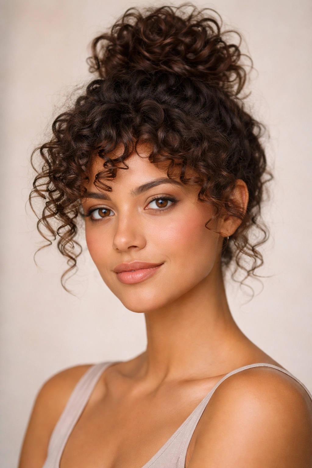 Close-up of The Classic Curly Top Knot on short curly hair at crown