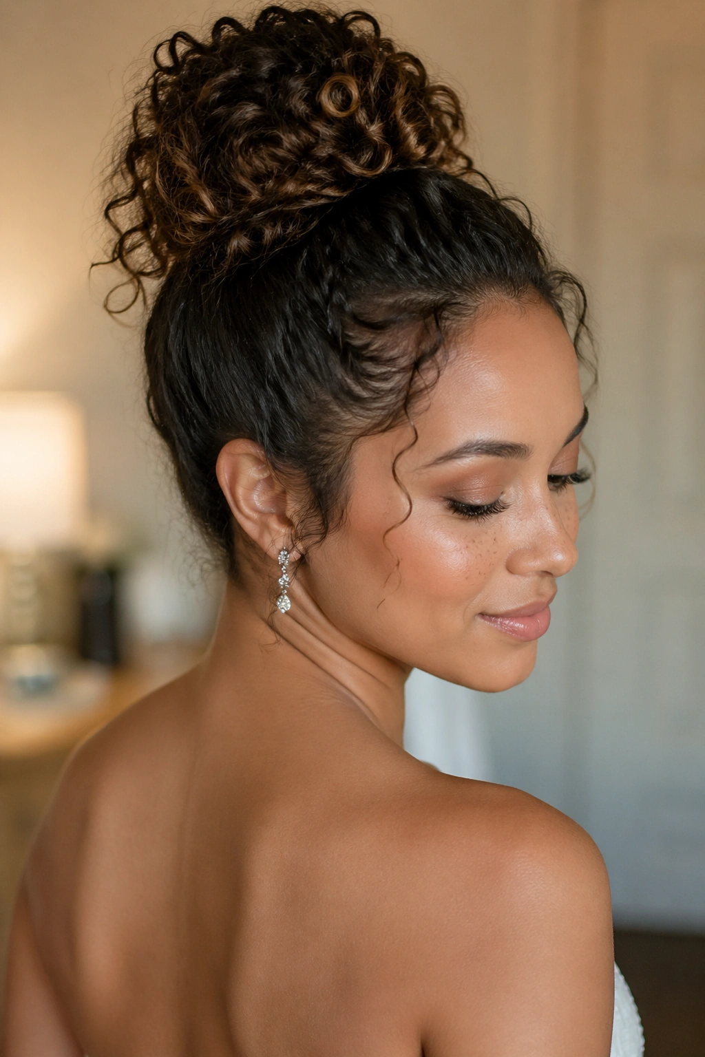 Close-up of a real bride's head with a polished top knot and curly ends