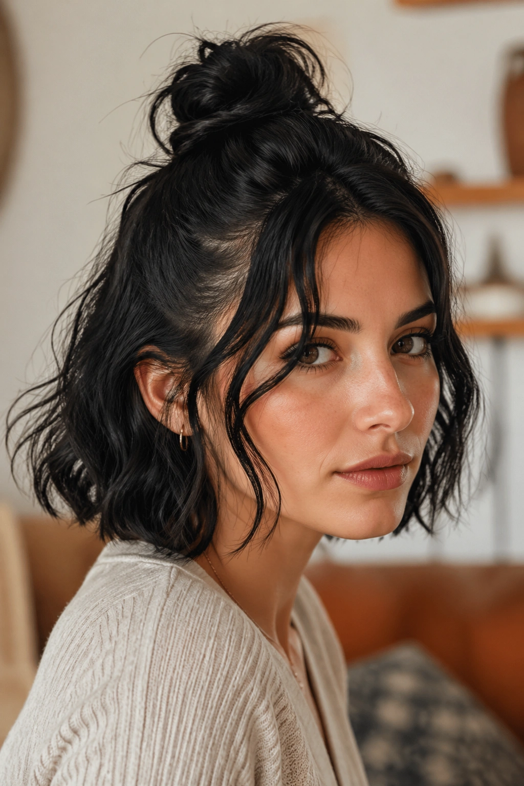 Real person with half-up top knot on a bob
