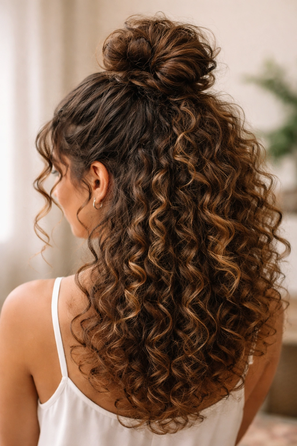 Top knot hybrid on thick curly hair with loose curls
