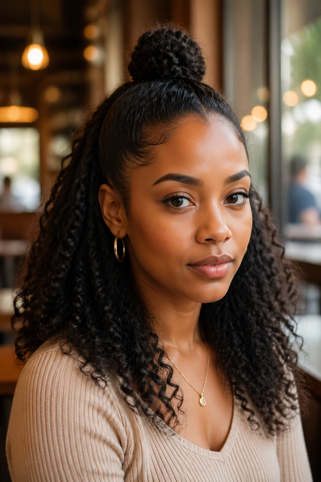 Close-up of a real woman with a small top knot and loose curls under warm cafe light