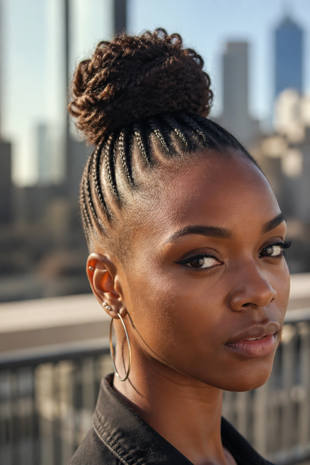 Close-up of a woman with a top-knot Mohawk crown and cornrowed sides