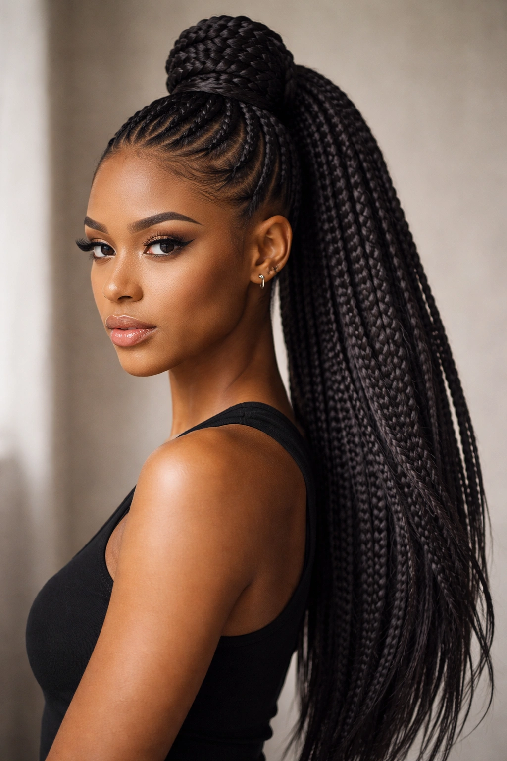 Braided top-knot ponytail combo with a knot on top and side pony
