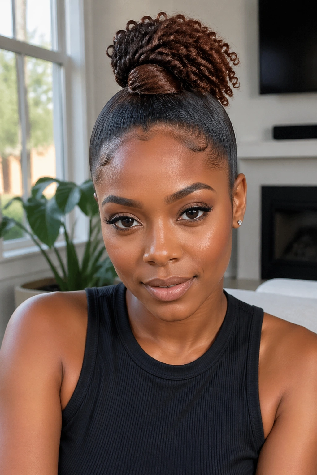 Close-up portrait of a real Black woman with a top-knot ponytail hybrid hairstyle