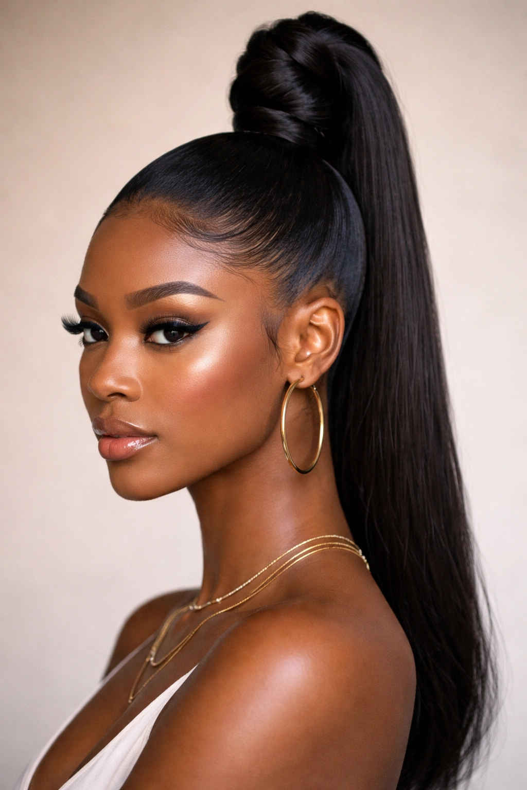 Portrait of a Black woman with a sleek top knot ponytail secured with pins.