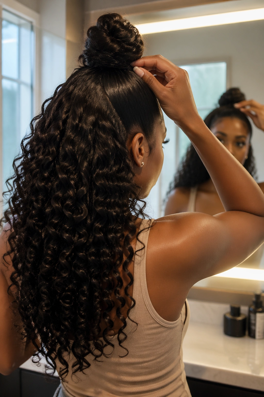 Over-the-shoulder view of a sleek top knot with flowing ringlets.