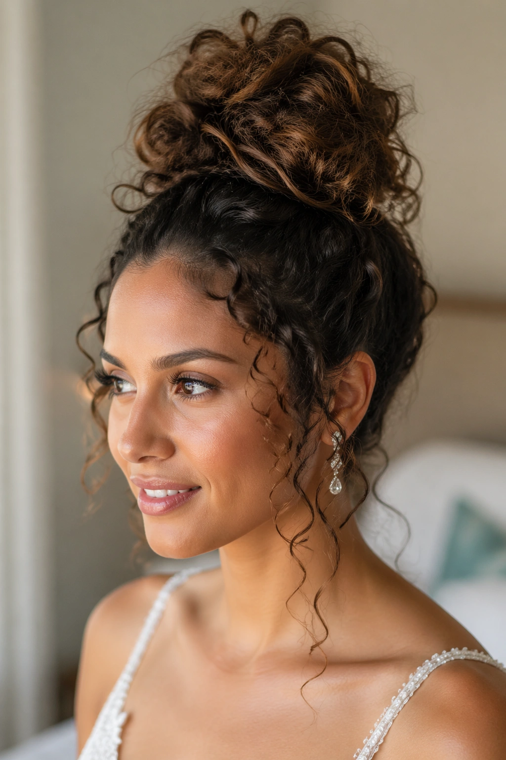 Close-up of a high-volume top knot with loose curls around the crown