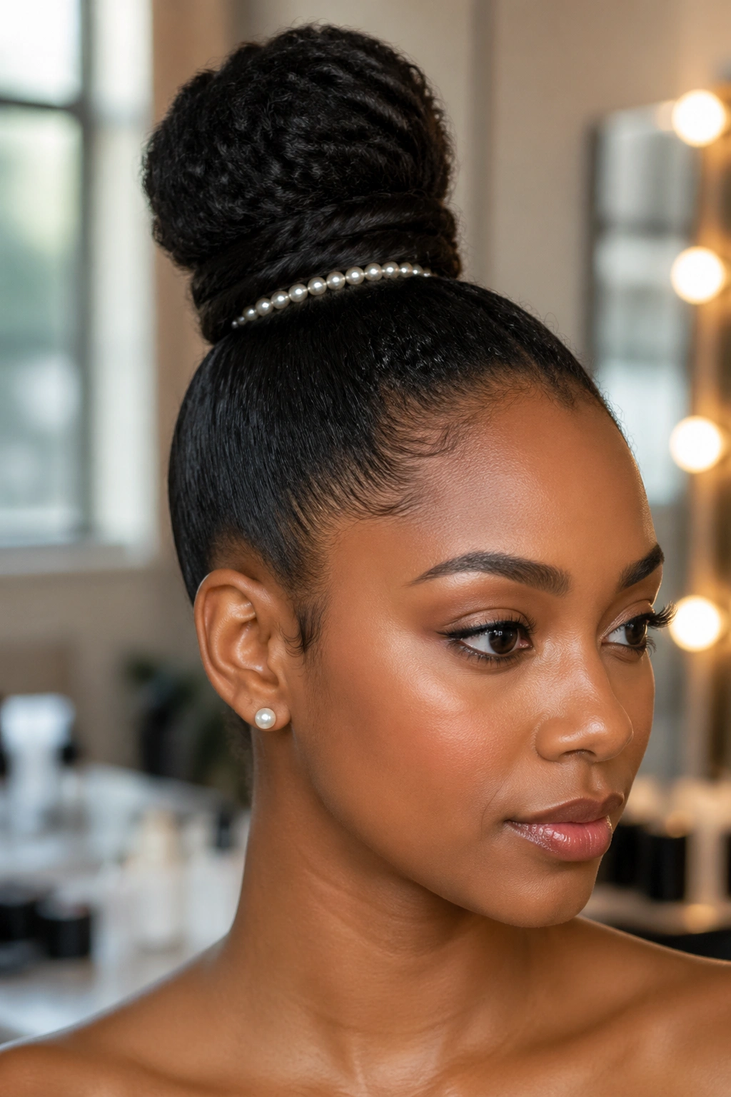 Close-up of a real woman with a sleek top knot wrapped in hair and pearls in a dressing room
