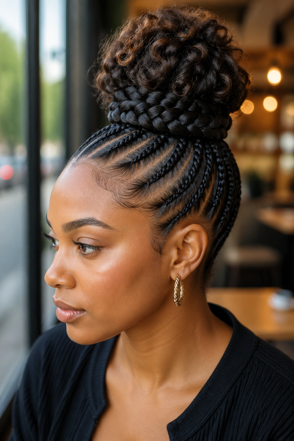 Real woman with a top knot and wraparound braid encircling the knot.