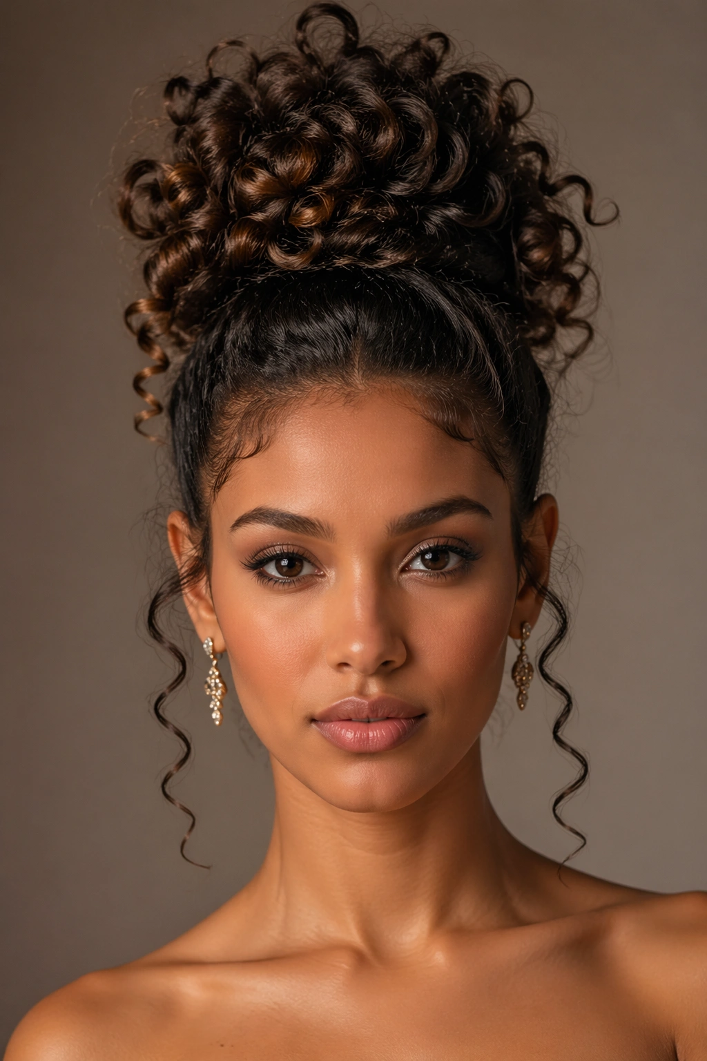 Full-head portrait of a high topknot with curly ends and temple curls