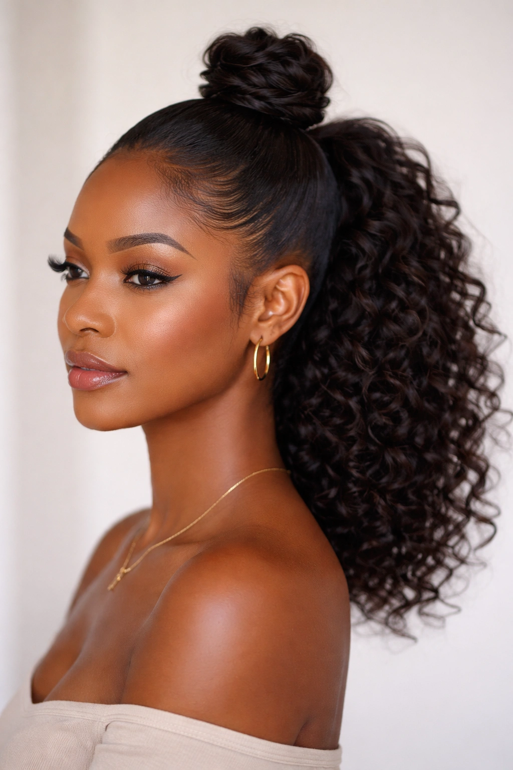 Black woman with a top knot and mid-pony, showing crown knot and seamless transition.