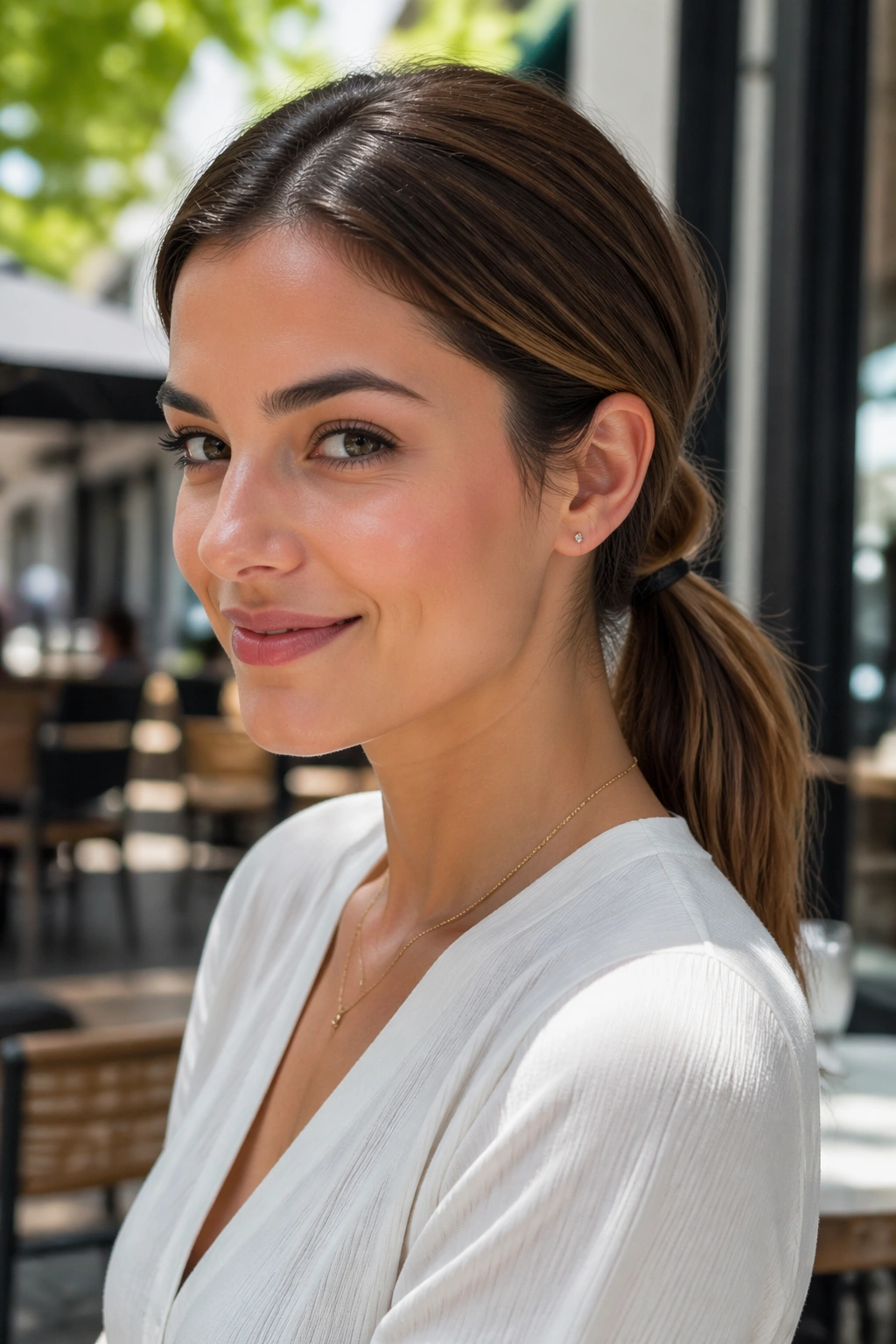 Close-up of a real woman with a topsy-tail ponytail at a cafe