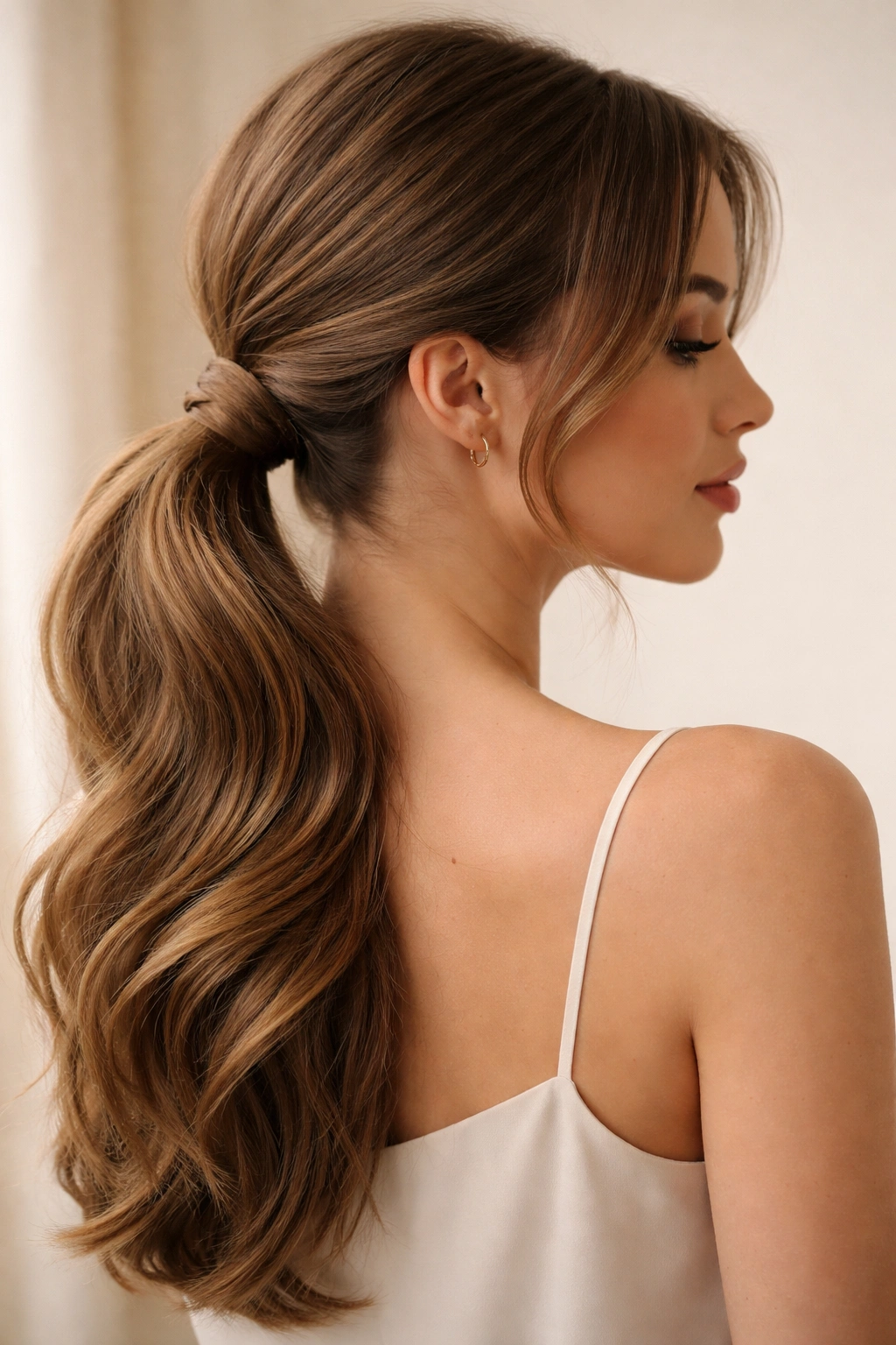 Close-up of a side pony hairstyle with rope-like twist at the base