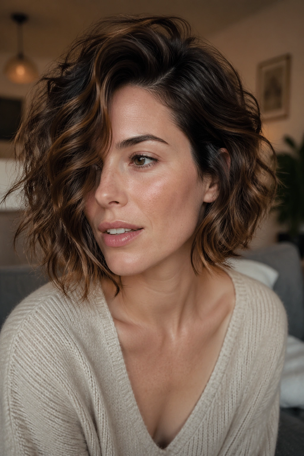 Close-up of a real woman with Tousled Bob With a Deep Side Part hairstyle