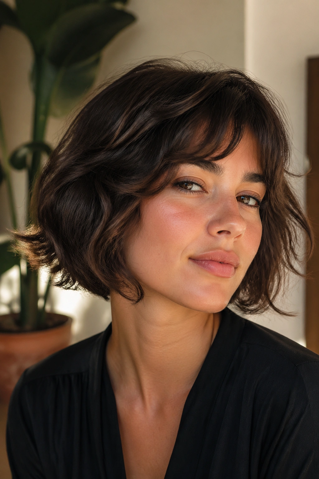 Real person with tousled bob and flip ends in warm interior light