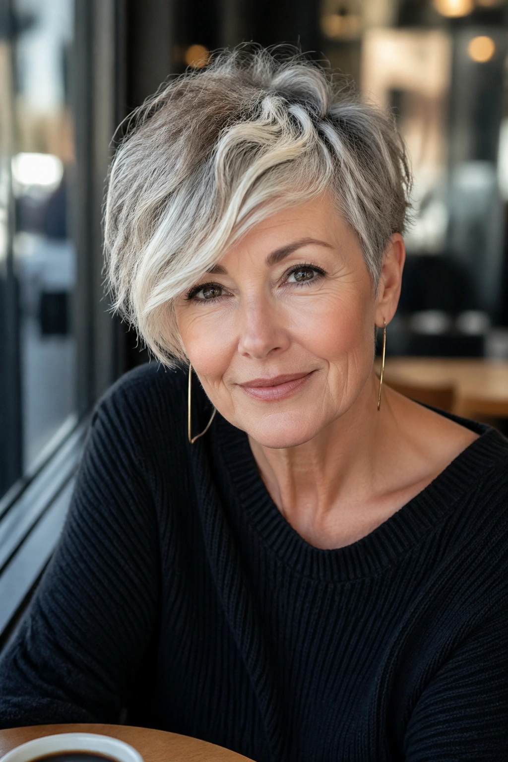 Portrait of a real woman with a tousled crop and long side bangs in a cafe setting