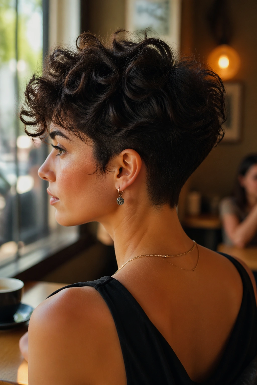 Portrait of a person with a tousled crown and tapered nape.