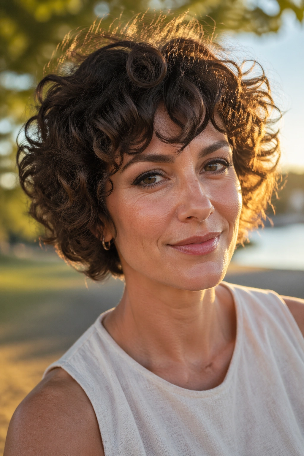 Close-up of a real woman with a short curly wig in a soft tousled day-after curl shape.