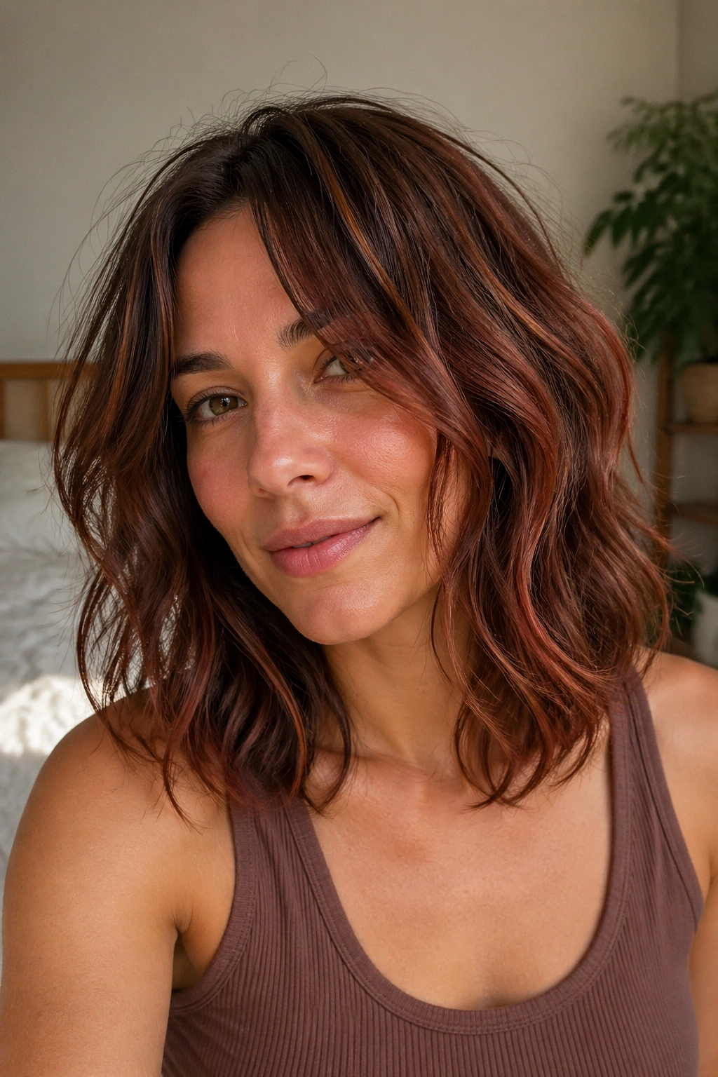 Close-up of a real woman with tousled mid-length wavy hair and auburn threads
