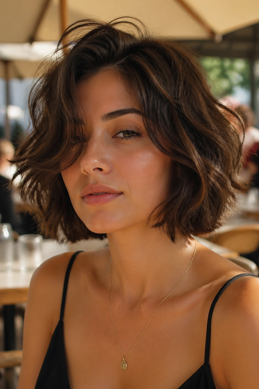 Close-up of real person with tousled Italian bob in sunny outdoor cafe
