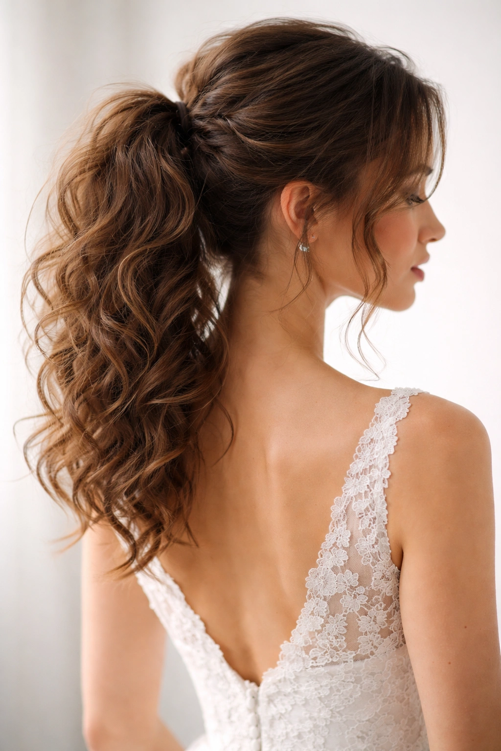 Tousled mid-height ponytail with loose tendrils at the temples