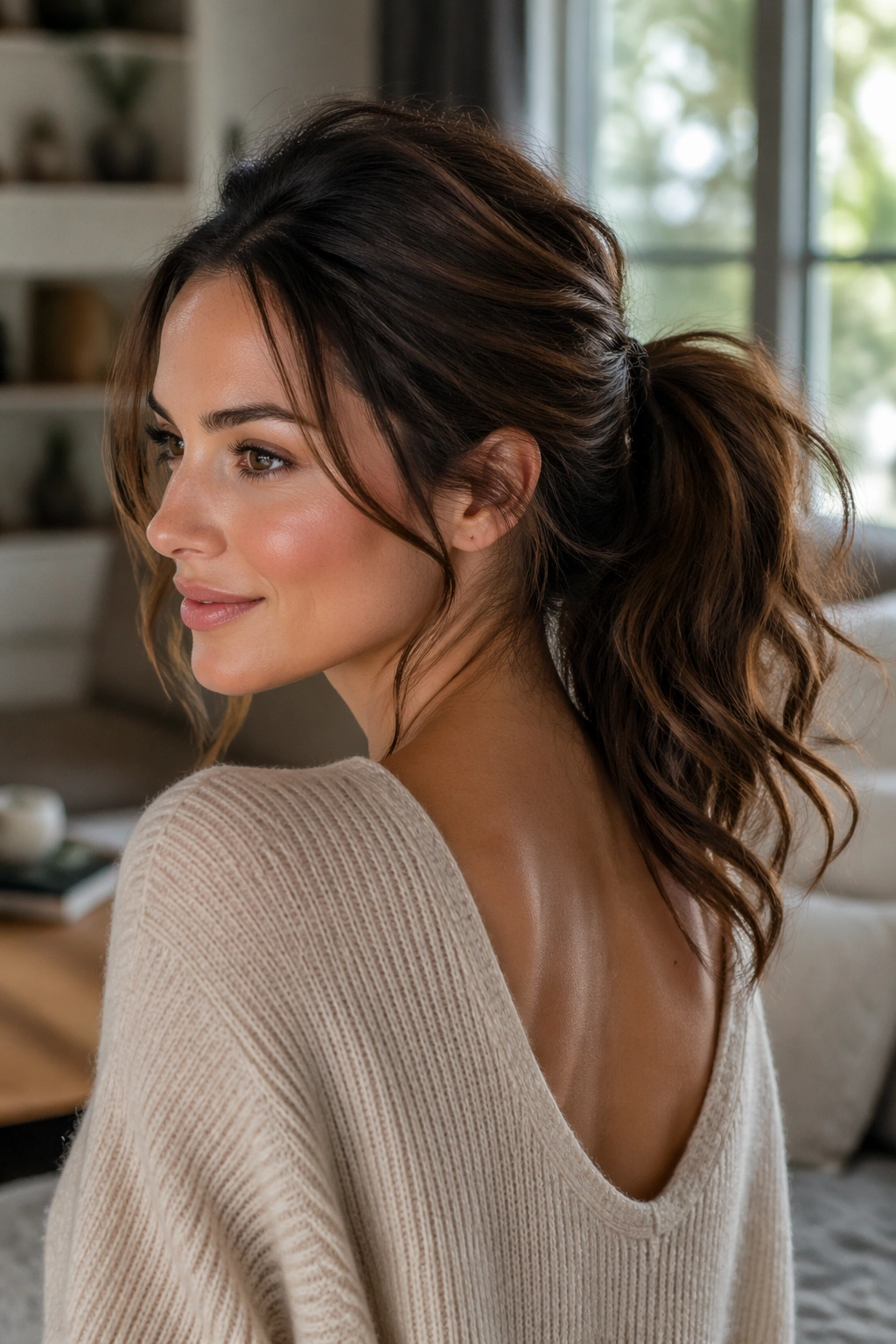 Portrait of a real woman with a tousled mid ponytail and airy texture, loose strands.